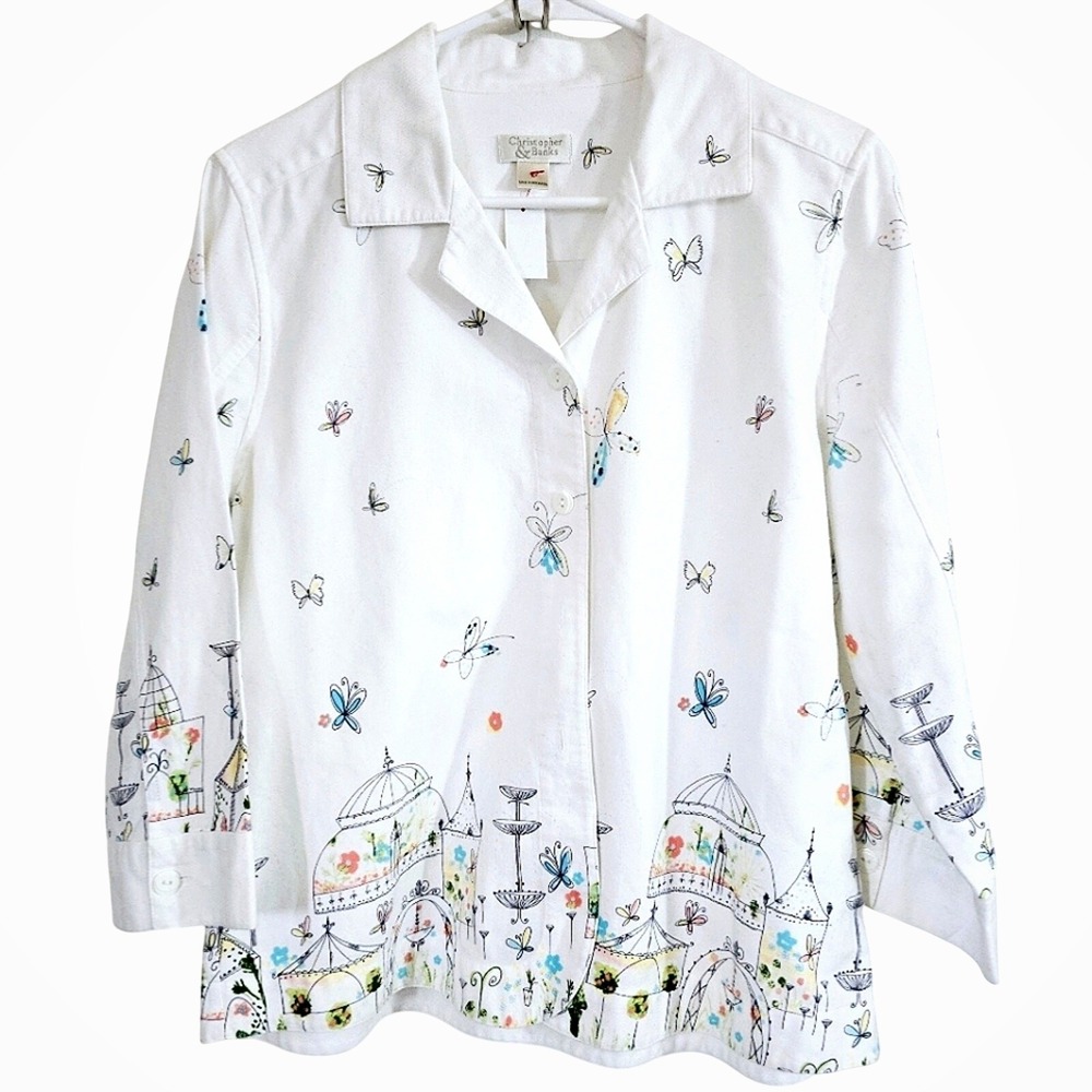 Christopher & Banks Whimsical Spring Butterfly Birds Button Down Shirt Jacket‎